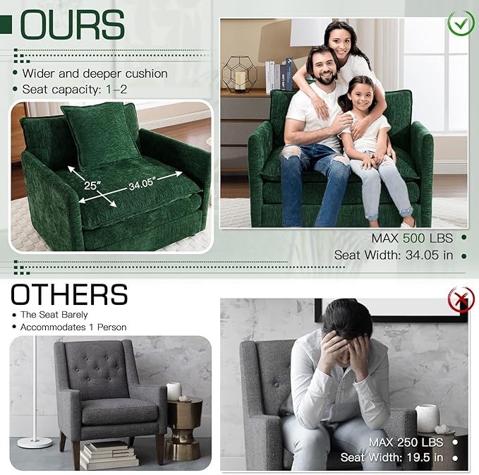 Oversized Accent Chair with Ottoman Modern Cloud Chaise Lounge Chair Indoor with Deep Seat Upholstered Comfy Armchair Reading Chairs Sofa for Bedroom Living Room Apartment Green Chenille
