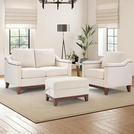 Modern 3 Piece Sofa Set with Rivets Included Chenille Accent Chair Upholstered Loveseat 2-Seater Couches with Solid Wood Legs and Storage Ottoman Living Room Furniture SetBeige