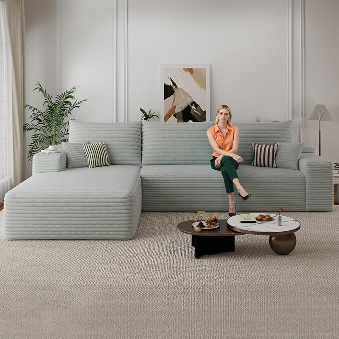 107.5 Cloud Sectional Couch with L-Shape Chaise Corduroy Boneless Couch for Living Room Modern Memory Foam Sofa with Deep SeatNo Assembly Required(GrayLeft Facing Chaise)