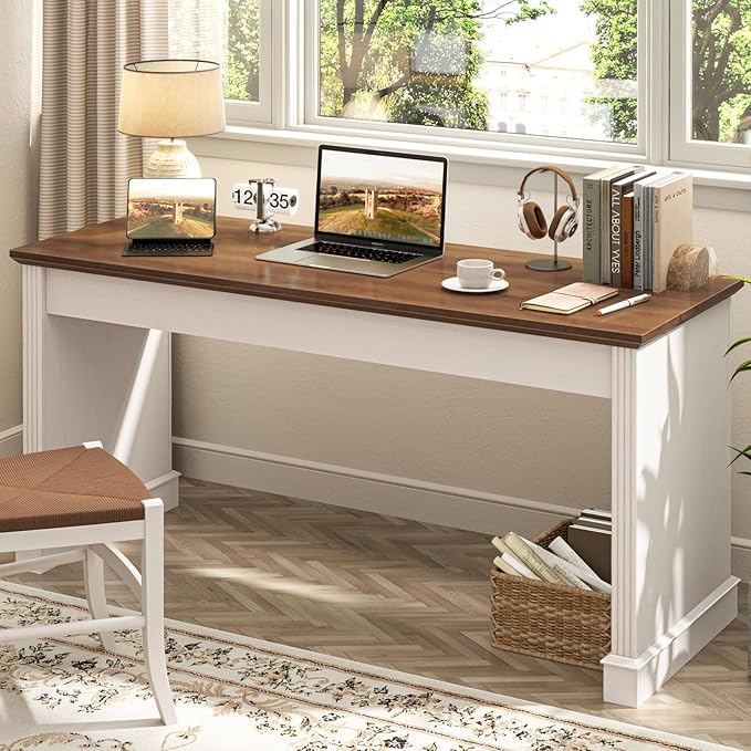 Vabches Farmhouse 59 Executive Simple Sturdy Computer DeskSpacious Workstation for Home Office Remote Work &amp StudyUnique White