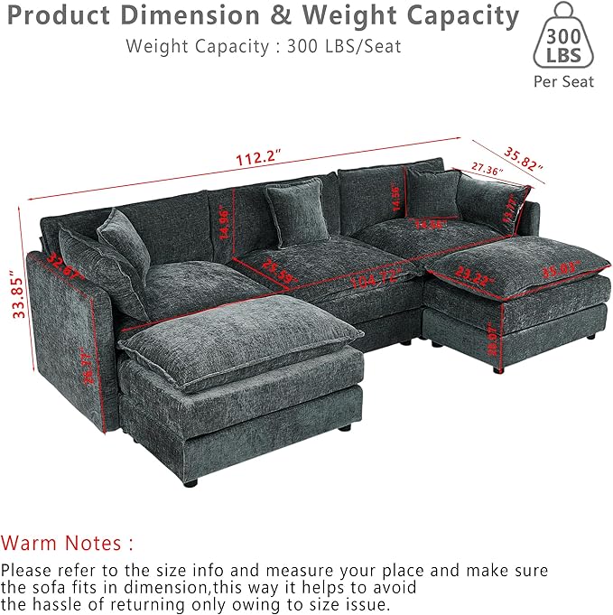 Setawix Deep 3 Seater Couch with Ottomans112.2 U-Shaped Cloud Couches for Living RoomChenille Cloud Sofa Couch with Deep SeatModular Sectional U Shape 3 Seat Sofa for Bedroom (Grey 3+2)