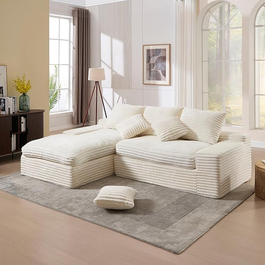 99 Cloud Modular Sectional CouchL-Shape Sofa Couch with Deep SeatModern Boneless Compressed Sofa with Chaise3 Seater Corduroy Couches for Living Room Bedroom No Assembly Required (Beige)