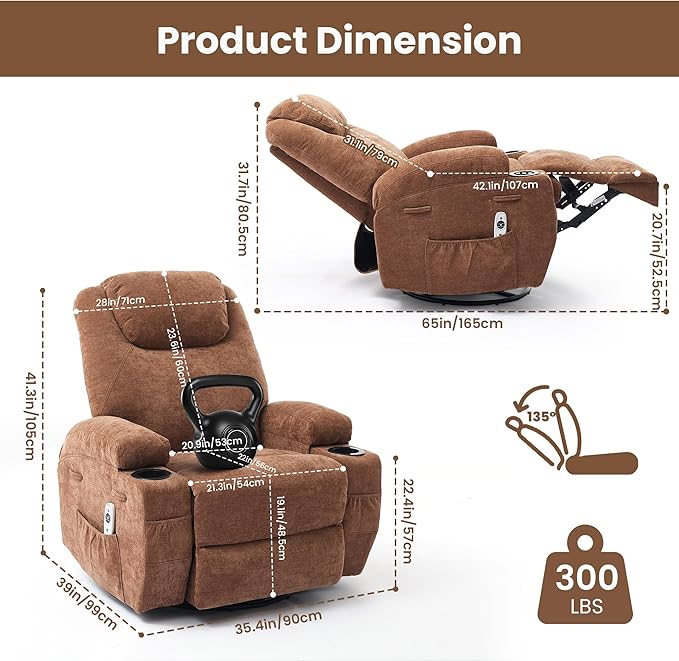 Wide Recliner Rocking Chair for Living Room Comfortable Lounge Seat with Relaxing Massage &amp Heat Soft Armrests Perfect for Living Room Bedroom or NurseryBrown