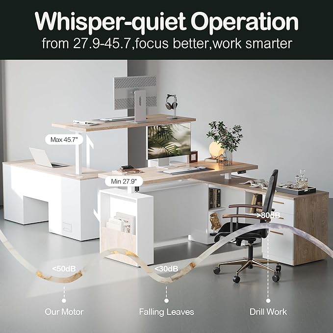 63 Standing Desk with File Cabinet Privacy Panel AC/USB 1.18 Desktop Executive L Shaped Height Adjustable Electric Stand Up Desk Home Office Table with 3 Drawers Light Walnut
