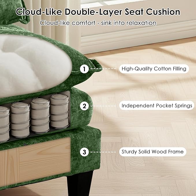 113 Modular Sectional Sofa: L Shaped Cloud Couch with Movable Ottoman Chenille 3 Seater Sofa with USB Charging &amp Side Pockets for Living Room - Green