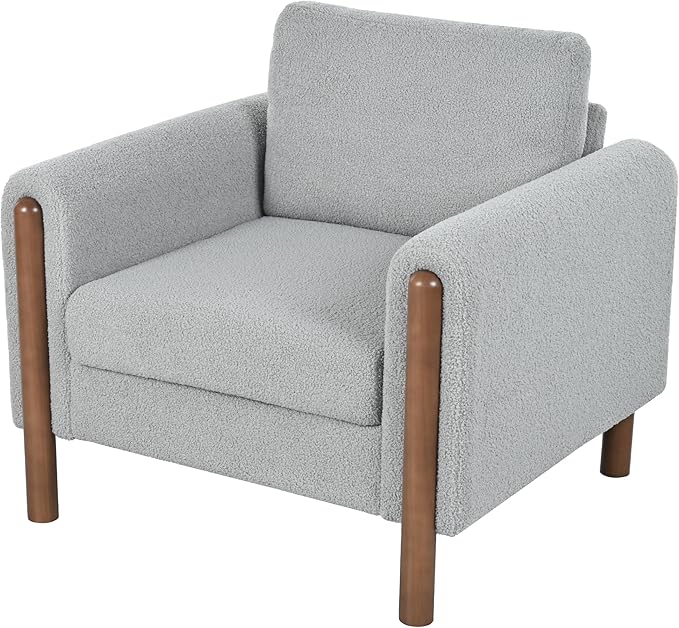 Oversized Accent Chair Upholstered Living Room Chairs Single Sofa Chair with Walnut Legs Curved handrail Grey