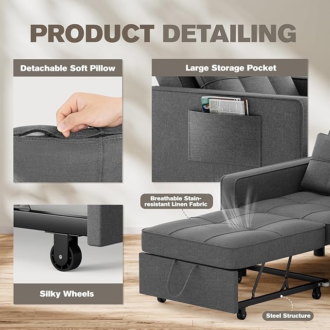 JUMMICO Sleeper Chair 3-in-1 Convertible Sleeper Sofa Bed for Adults Linen Fabric Pull Out Chair Bed with Adjustable Backrest Couches for Living Room Apartment Office Small Space (Dark Gray)