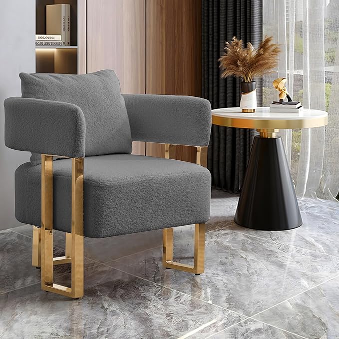 TS Modern Decorative Chair Living Room Side Chair with Gold Metal Legs no Wheels Suitable for Dressing Area Reception Room OfficeTeddy Fleece upholstered Metal Foot Sofa 1PC Grey