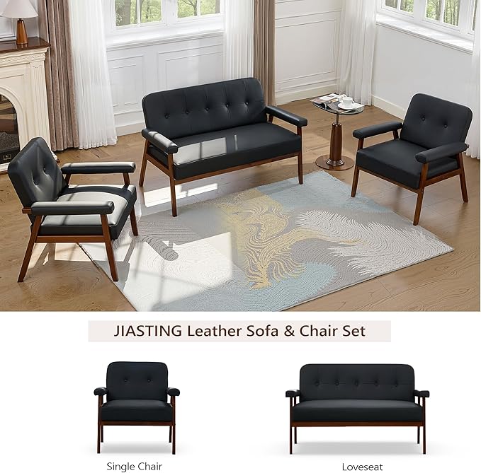 JIASTING Accent Chairs Set of 2 Black Leather Chairs with Solid Wood Frame Tufted Small Mid-Century Modern Wooden Arm Chair Comfy Office Reading Armchair for Living Room Bedroom (2)