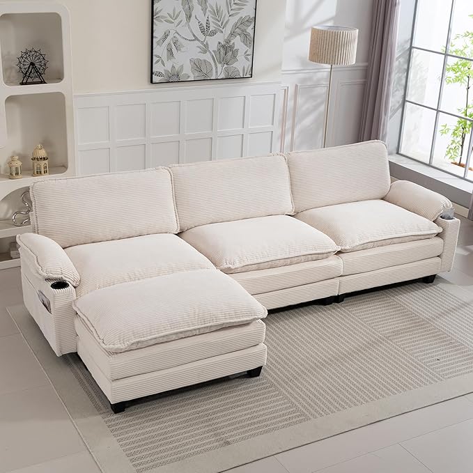 113 Modular Sectional Sofa L Shaped Cloud Couch with Movable Ottoman Comfy Corduroy Deep Seat Sofa with Cup Holders Storage Bags Couches for Living Room