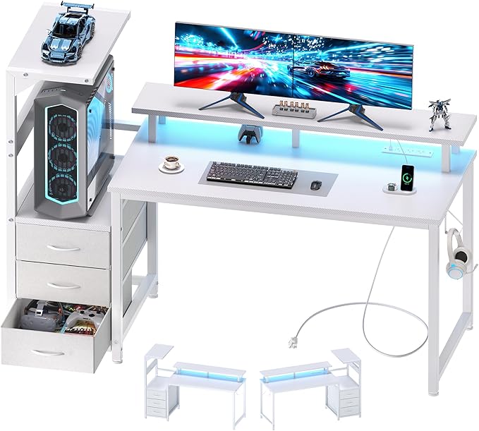 DUMOS L Shaped Gaming Desk with Shelves Storage Drawers 52'' White Computer Desks with LED Lights Power Outlets Office Wood Table with PC Stand Cable Management for Bedroom Dual Monitor Streaming