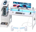 DUMOS L Shaped Gaming Desk with Shelves Storage Drawers 52'' White Computer Desks with LED Lights Power Outlets Office Wood Table with PC Stand Cable Management for Bedroom Dual Monitor Streaming