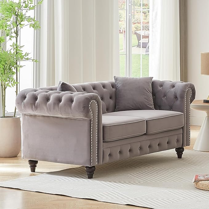 Modern Chesterfield Sofa Couch 63.5-inch Velvet Fabric Loveseat Sofa with Rolled Arms and Tufted Button for Living Room Office Light Grey