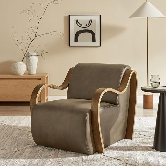 Modway Atrium Vegan Leather Upholstered Lounge Chair in Mushroom with Sculptural Bentwood Arms – Mid-Century Modern Accent Armchair for Living Room or Bedroom