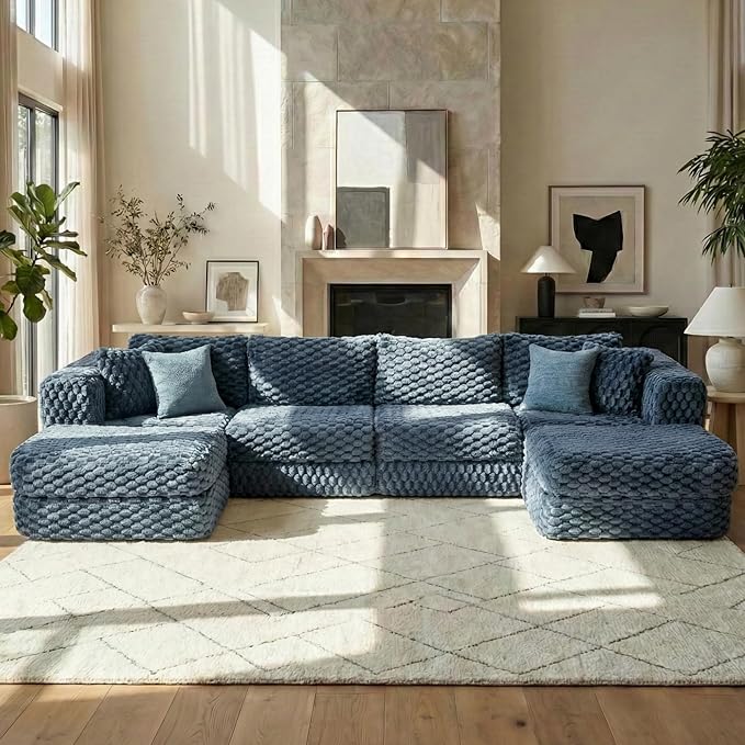 135.4 Oversized Bubble Velvet Modular Sectional Sofa Boneless Extra Deep Seat Cloud Couch U Shaped Convertible Floor Sofa with 2 Ottomans for Living Room No Assembly Needed (Blue)