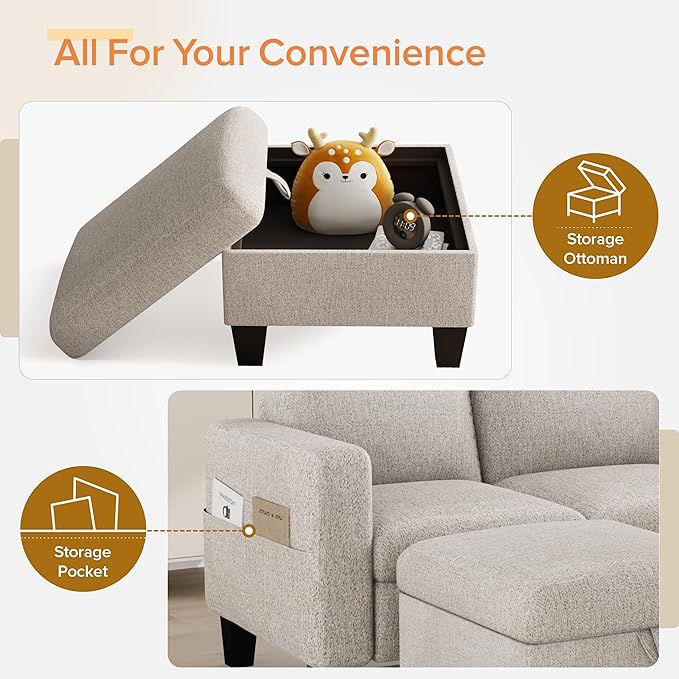 ZeeFu Convertible Sectional Sofa Couch 3 Seat L-Shaped Sofa with Movable Ottoman Modern Mocha Brown Velvet Linen Upholstered Small Sectional Sofa Couch for Small Space Apartment Living Room Office