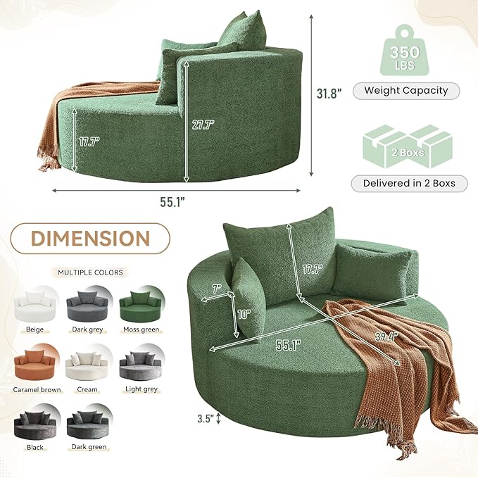 360° Swivel Barrel Chair - Oversized Round Sofa Chair and A Half with Pillows Comfy Modern Upholstered Chenille Deep Seat Circle Chaise Lounge for Living Room Bedroom Office Hotel (Moss Green)