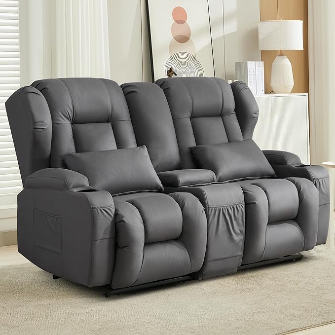 DRMBOOK RV Loveseat Recliner Sofa Double Wall Hugger Reclining Couches Manual Reclinable Movie Seating 2 Person Recliner for Travel Trailer (Leathaire Grey 2 Seater with Standard Console)