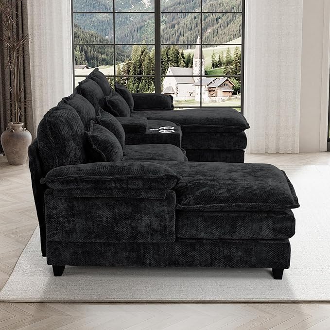 133 Oversized U Shaped Cloud Couch Modular Sectional Couches for Living Room Comfy Chenille Deep Seat Sofa Set with Double Chaise Lounge Storage Central Console Cup Holders USB Port Dark Black