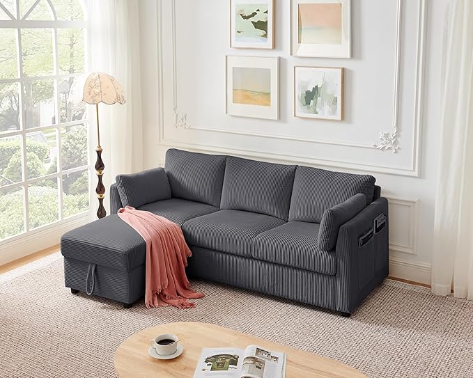 Corduroy Storage Ottoman for Living Room Sofas Couches Square Ottoman with Storage Space Foot Rest Stool for Apartment Dorm Entryway Grey