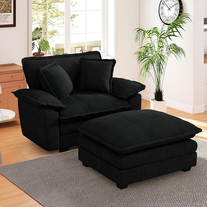 48 W Oversized Chaise Lounge Chair Indoor with Ottoman Upholstered Cloud Accent Chair with Extra Wide Armrests Comfy Green Corduroy Sleeper Chair for Living Room Bedroom Reading (Black)