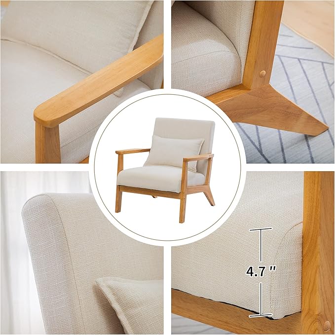 UNICOO - Mid-Century Modern Accent Chair Fabric Reading Armchair Easy Assembly Lounge Chair for Living Room Bedroom (U202-1 Nature + Beige)