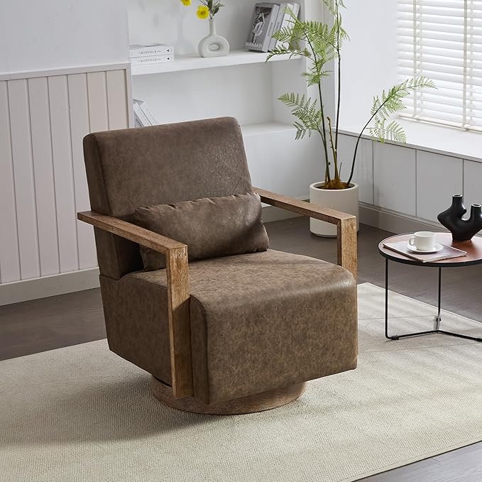 30.5 W Swivel Modern PU Upholstered Accent Chair with Solid Wood Armrests Comfy Lounge Reading Chair Side Armchair for Hotel Bedroom Living Room Office Nursery Room (PU Coffee)
