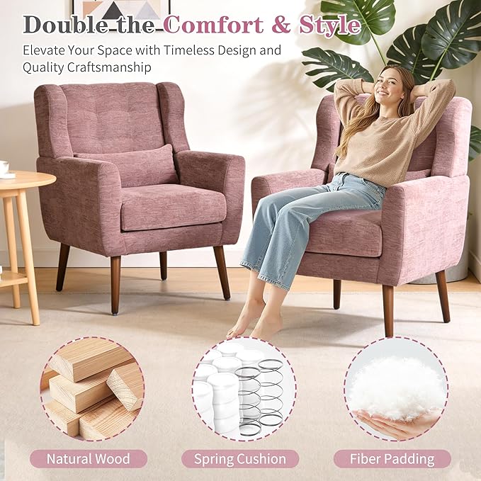 Modern Accent Chair Upholstered Armchair with Pillow Fabric Single Sofa Chair with Lounge Seat Solid Wood Legs Accent Chair for Living Room Bedroom Small Spaces (Purple)