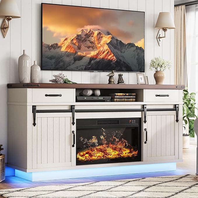 Fireplace TV Stand for TVs up to 65 Electric Fireplace with 3D Flame Farmhouse LED Light Entertainment Center TV Console with with 2 Drawers Sliding Barn Door for Living Room - White