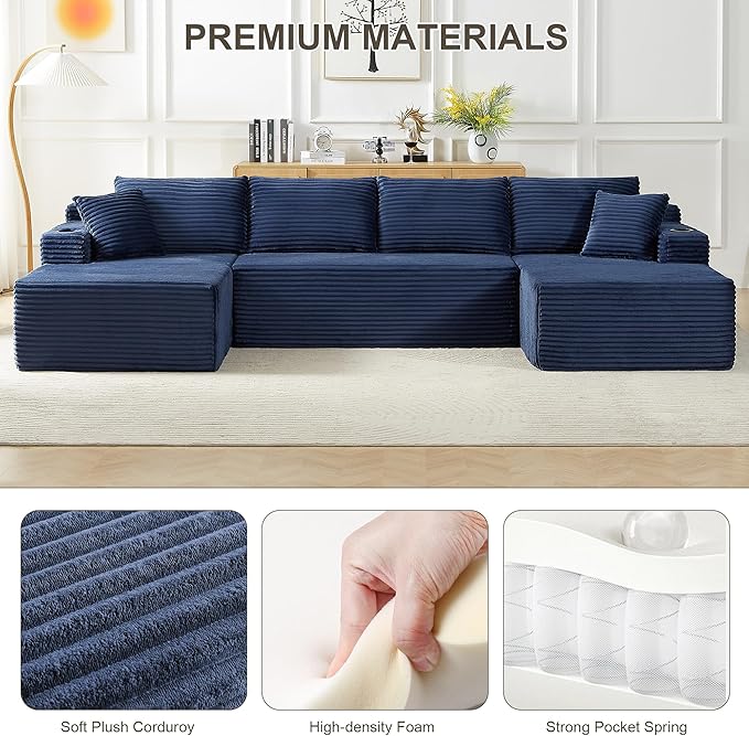 133.5 Blue Oversized U Shaped Cloud Couch Large Boneless Deep Seat Modular Sectional Sofa with Cup Holders &amp Side Pockets Modern Corduroy Foam Compressed Sofa Set for Living Room Apartment