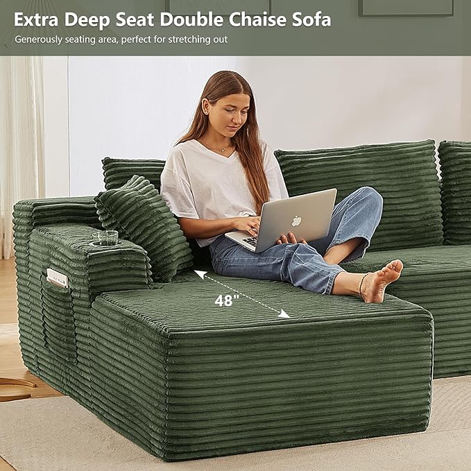 134 Oversized U Shaped Cloud Couch Boneless Modular Sectional Sofa for Living Room 5 Seat Couch with Storage Pockets &amp Cup Holders Free Combination No Assembly Required Green