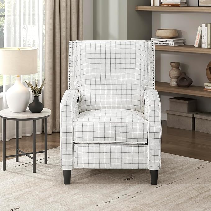 Lexicon Pushback Recliner Chair Plaid Textured Fabric Armchair Push Back Reclining Chair Nailhead Trim Solid Wood Legs Easy Assembly for Living Room/Office/Apartment Off-White