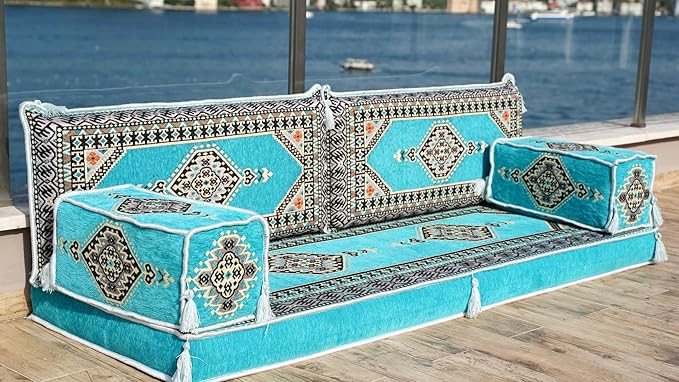 Single Arabic Floor Seating Cushions Arabic Majlis Floor Sofa Reading Nook Loveseat Sofa Single Floor Couch Ottoman Floor Pillows (Turquoise)