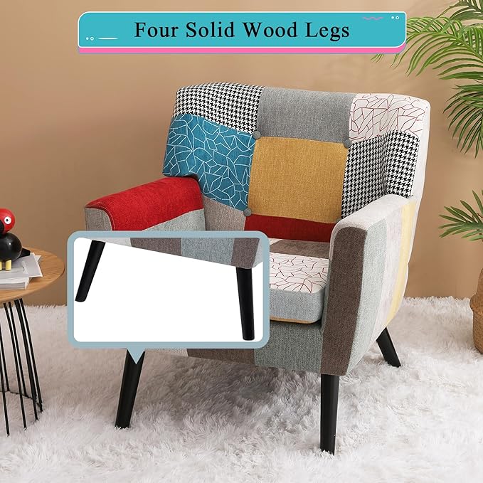 Colorful Accent Chair &amp Boho Accent Chair Comfy Arm Chair with Wide Back for Bedroom Living Room Linen Fabric Patchwork Wood Legs