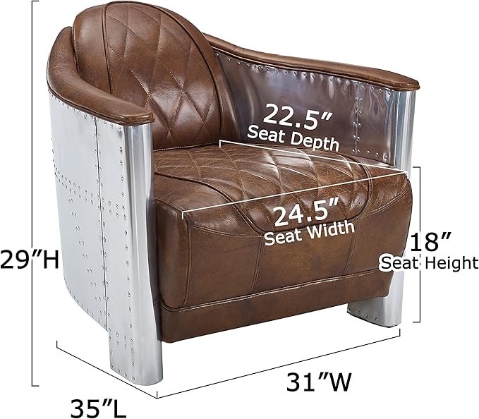 Volans Mid Century Modern Genuine Leather Accent Arm Chair with Vintage Aluminum Patchwork Cognac