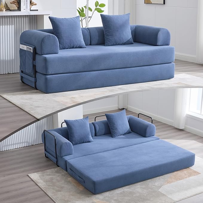 Convertible Sleeper Sofa Bed with Fixed-Shape Frame Floor Sofa Lounge Couch with Cylindrical Pillow Corduroy Folding Mattress Couch for Living Room Bedroom Navy Blue