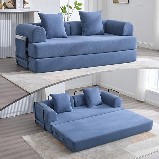 Convertible Sleeper Sofa Bed with Fixed-Shape Frame Corduroy Folding Mattress Couch with Storage Pocket Floor Sofa Lounge Couch for Living Room Bedroom Lounge Studio Navy Blue
