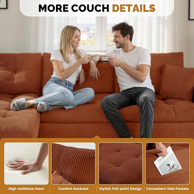 113 Modular Sectional Sofa for Living Room Convertible L-Shape Couch with OttomanCloud Boneless Couch with Layered CushionReddish Brown Corduroy
