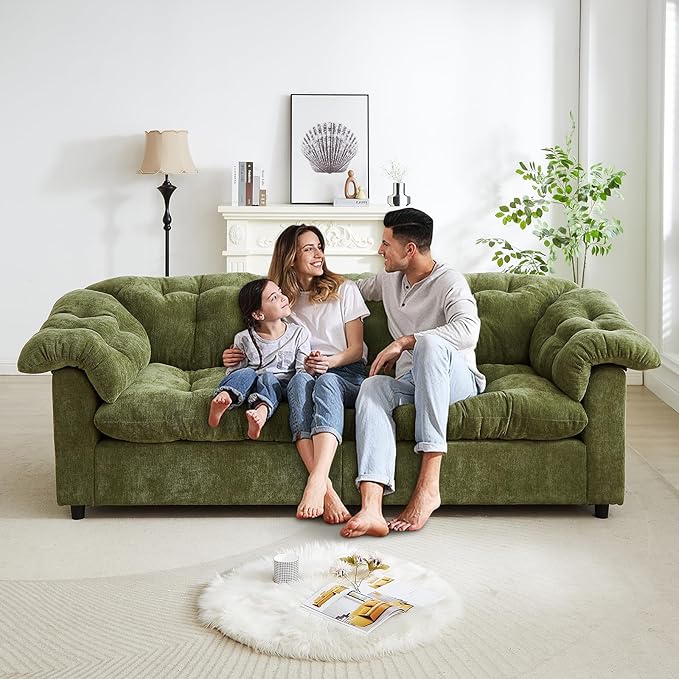 3-Seater Couch 94.8 inch Oversized Modern Comfy Tufted Chenille Fabric Cloud Fluffy Foam Deep Seat Soft Loveseat Sofa Couch for Living Room Bedroom Office Green