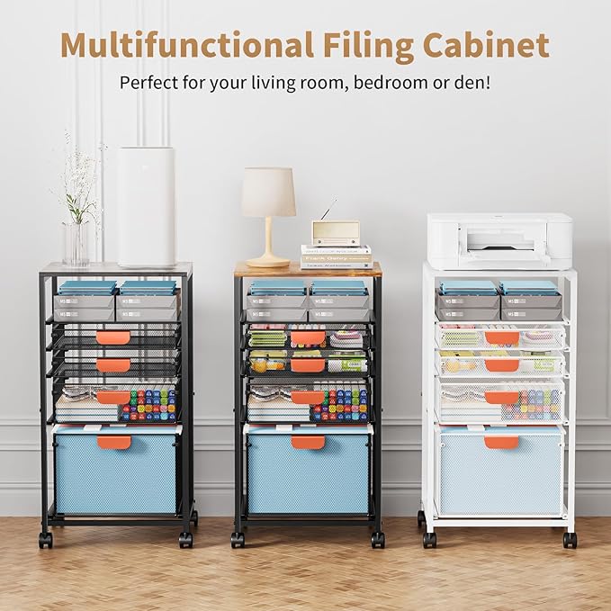 Marbrasse Rolling File Cart with 4 Storage Drawers Mobile File Cabinet on Lockable Wheels Hanging Filing Cabinet Organize Under Desk Utility Cart for Home Office