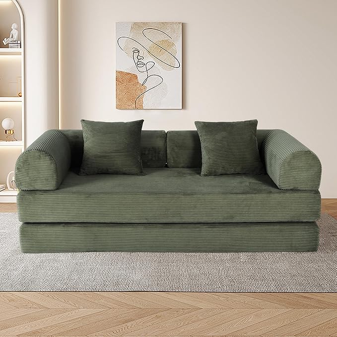 Foldable Sofa Bed 75 Inch Boneless Couch Convertible Memory Foam Sleeper Sofabed Floor Mattress with 2 Pillows Microfiber Cloud Sofa for Living Room Apartment No Assembly (Green)