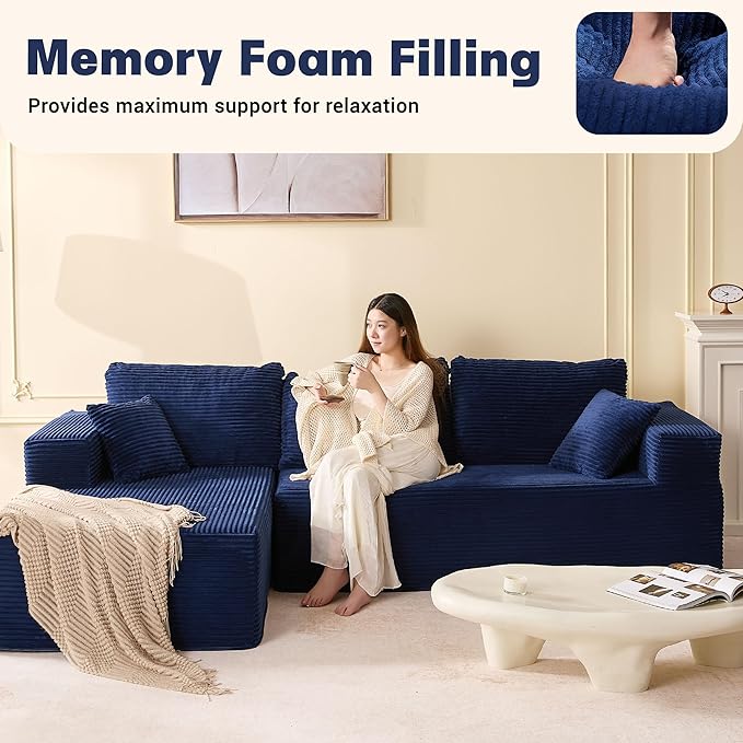 107 Boneless Couch with Deep Seat Set of Modular Sectional Sofa Cloud Sectional Couch for Living Room No Assembly Required Corduroy L-Shape Left Blue