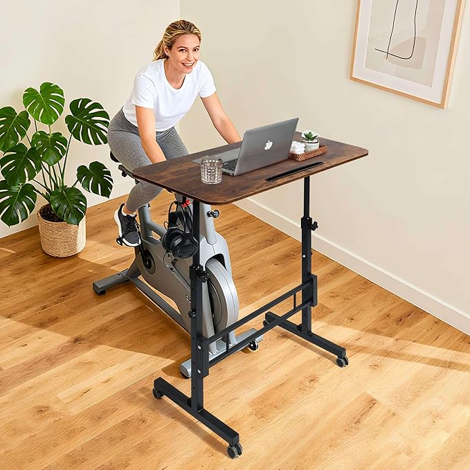 Adjustable Standing Desk with Wheels Portable Rolling Walking Pad Desk Small Laptop Table for Home Office Sit Stand Up Workstation Size 15.7x31.5 Rustic Desk