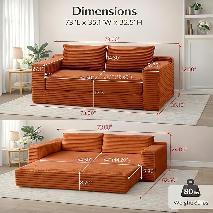 73 Convertible Sleeper Sofa Comfy Corduroy Foldable Sofa Bed with 2 Pillows Floor Sofa Lounge Couch in Box for Living Room Bedroom Lounge Studio No AssemblyOrange