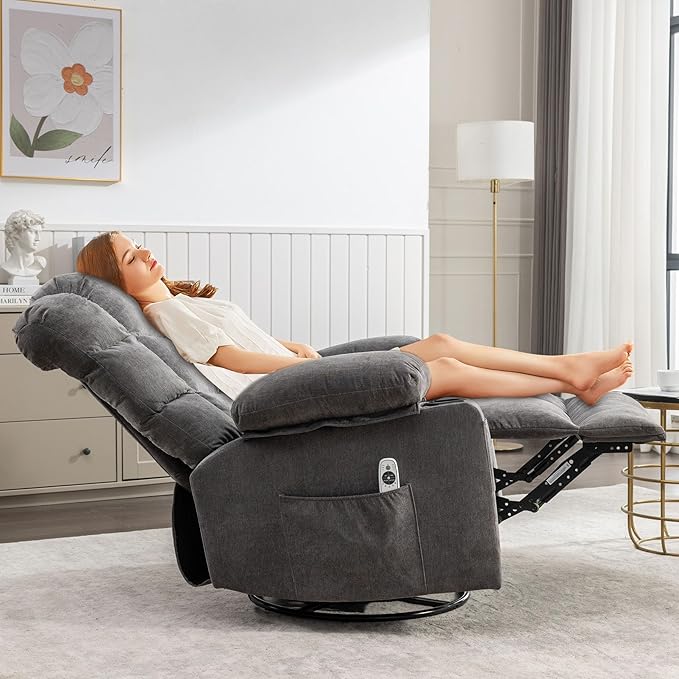 360 Swivel Massage Recliner Chair with 2 Cup Holders Heated &amp Massage Function Adjustable Backrest USB Port &amp 2 Side Pockets for Adults (Grey)