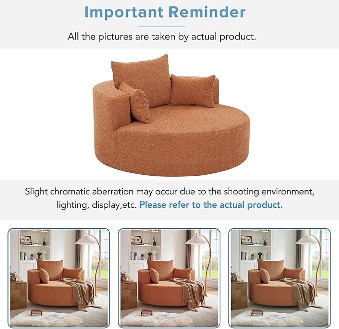 360° Swivel Chair Accent Chair with 3 Removable Pillows Modern Chenille Fabric Barrel Chair Swivel Round Sofa Chair for Living Room Bedroom Office and Hotel