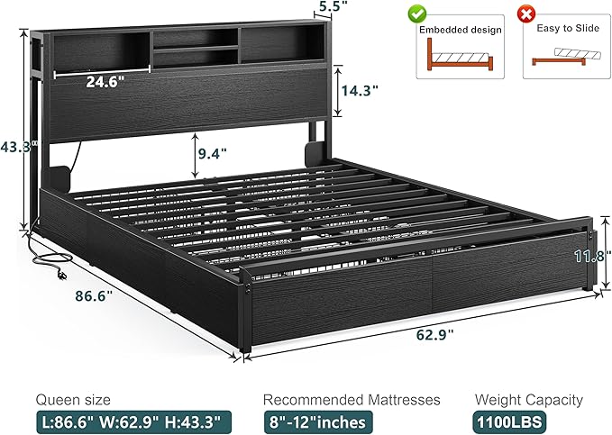 EnHomee Queen Bed Frame with 6 Storage Drawers Queen Size Bed Frame with Headboard Storage Bed with Charging Station No NoiseNo Box Springs NeededBlack