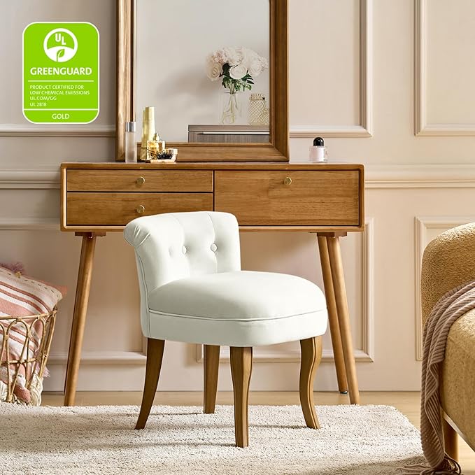 HULALA HOME Velvet Vanity Stool with Low Back Modern Vanity Chair with Solid Wood Legs Small Upholstered Makeup Chair Home Decor for Bedroom Living Room Dressing Table Women Girls Ivory