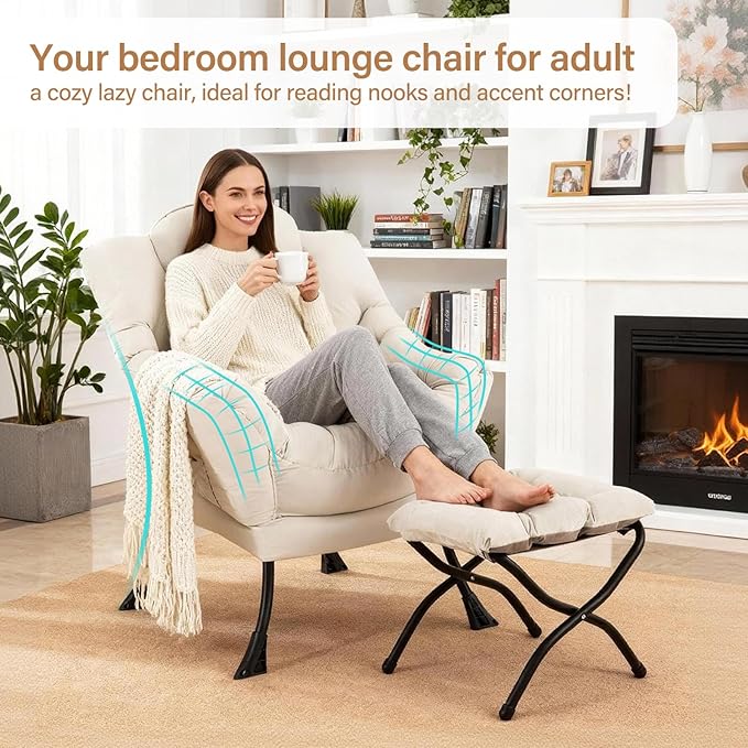 Lazy Chair with Ottoman Modern Accent Chair with Lumbar Pillow Beige Sofa Armchairs with Folding Footrest Oversized Supportive Chairs for Bedroom Reading