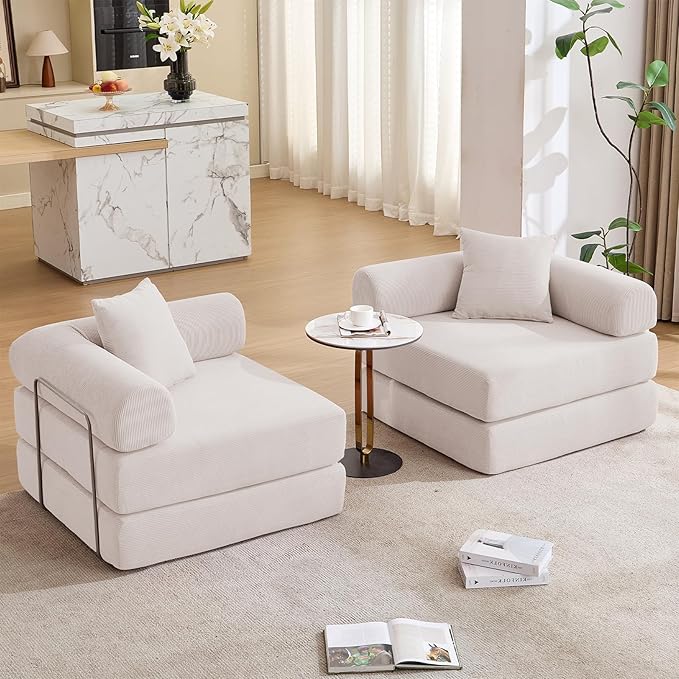 Convertible Modular Couch Sofa Bed 4 in 1 Sleeper Floor Sofa with Folding Mattress Corduroy Fold Out Boneless Couch Bed with 2 Pillows Comfy Foldable Lounge for Living Room Bedroom Beige